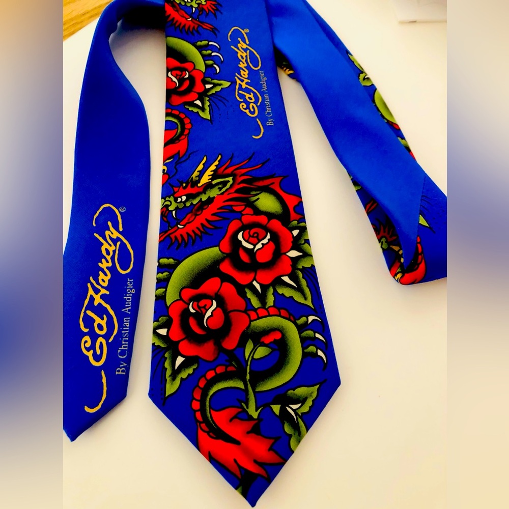 Vintage Silk Tie, Ed Hardy, Christian Audigier, Red Dragon & Roses, Gift, NWOT